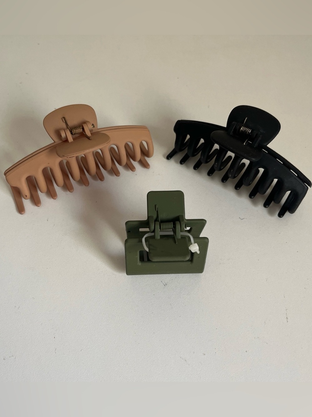 Matte Plastic Hair Claw Clips Bundle Beige Black & Olive Green Set of 3